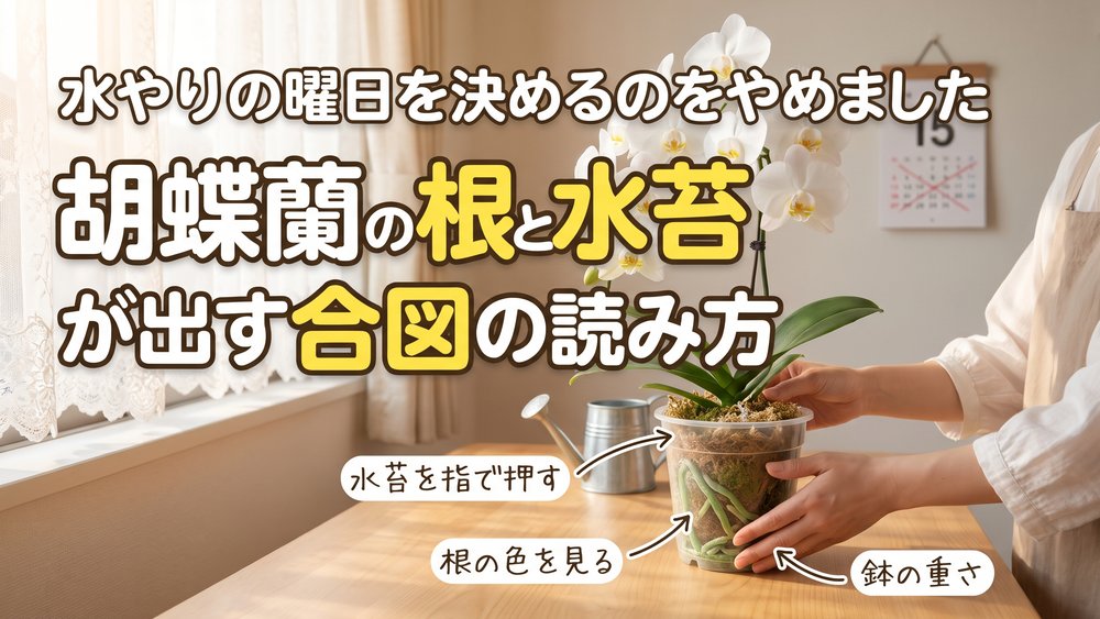 透明なポットの胡蝶蘭を両手で持ち上げ、水苔と根の様子を確かめている様子